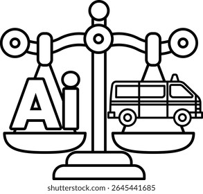 A scale with the letters AI on one side and a van on the other. The scale is balanced, but the van is heavier than the letters