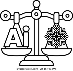 A scale with the letters AI on one side and a snowflake on the other. The scale is balanced, with the snowflake on the right side and the letters AI on the left. Concept of balance and harmony