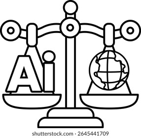 A scale with the letters AI on one side and a globe on the other. The scale is balanced, but the globe is slightly heavier