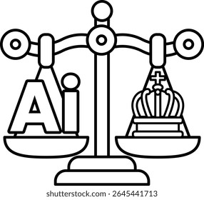 A scale with the letters AI on one side and a crown on the other. The scale is balanced, but the letters AI are smaller than the crown