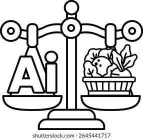 A scale with the letters AI on one side and a basket of vegetables on the other. The scale is balanced, but the basket of vegetables is heavier
