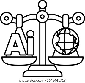 A scale with the letters AI on one side and a globe on the other. The scale is balanced, but the globe is slightly heavier
