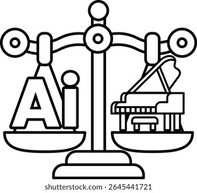 A scale with the letters AI on one side and a piano on the other. The scale is balanced, with the piano on the right and the letters AI on the left. Concept of balance and harmony between technology
