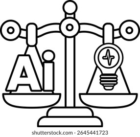 A scale with the letters AI on one side and a light bulb on the other. The scale is balanced, with the letters AI on the left and the light bulb on the right