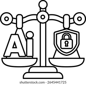 A scale with the letters AI on one side and a lock on the other. The scale is balanced, but the lock is on the right side