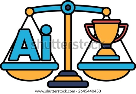 A scale with the letters AI on one side and a trophy on the other. The scale is balanced, with the trophy on the right side and the letters AI on the left. Concept of balance and achievement