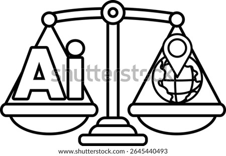 A scale with the letters AI on one side and a globe on the other. The scale is balanced, with the globe on the right side and the letters AI on the left