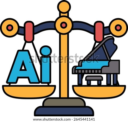 A scale with the letters AI on one side and a piano on the other. The scale is balanced, with the piano on the right and the letters AI on the left. Concept of balance and harmony between technology
