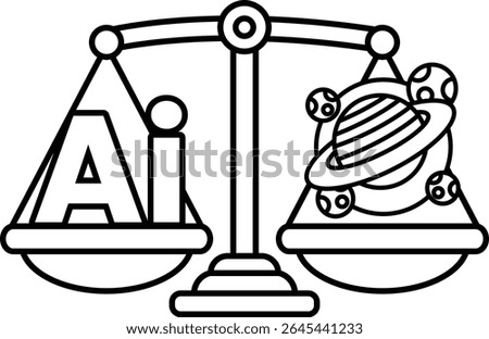 A scale with the letters AI on one side and a planet on the other. The scale is balanced, with the planet on the right side and the letters on the left