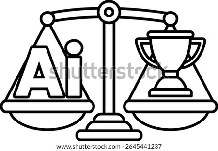 A scale with the letters AI on one side and a trophy on the other. The scale is balanced, with the trophy on the right side and the letters AI on the left. Concept of balance and achievement