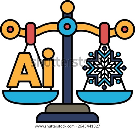 A scale with the letters AI on one side and a snowflake on the other. The scale is balanced, with the snowflake on the right side and the letters AI on the left. Concept of balance and harmony