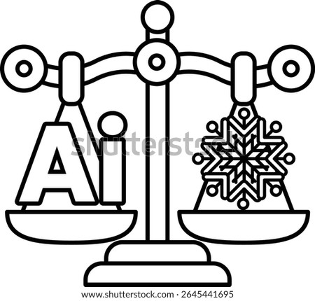 A scale with the letters AI on one side and a snowflake on the other. The scale is balanced, with the snowflake on the right side and the letters AI on the left. Concept of balance and harmony