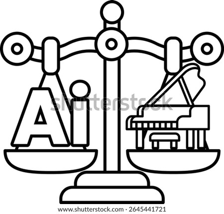 A scale with the letters AI on one side and a piano on the other. The scale is balanced, with the piano on the right and the letters AI on the left. Concept of balance and harmony between technology