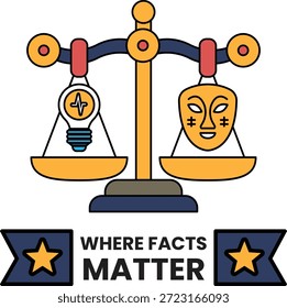 A scale with a light bulb and a mask on it. The scale is labeled "Where Facts Matter"