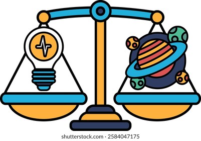 A scale with a light bulb on one side and a planet on the other. The light bulb represents an idea, while the planet represents the universe. The scale is balanced