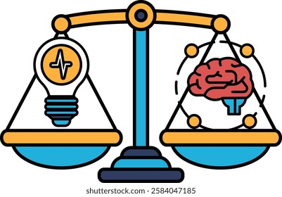 A scale with a light bulb on one side and a brain on the other. The scale is balanced, but the brain is larger than the light bulb