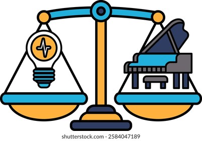 A scale with a light bulb on one side and a piano on the other. The light bulb represents creativity and innovation