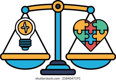 A scale with a light bulb on one side and a puzzle piece on the other. The missing piece represents the idea that sometimes things are not complete or perfect