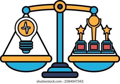 A scale with a light bulb on one side and three stars on the other. The light bulb represents an idea, while the stars represent recognition or achievement. The scale is a symbol of balance