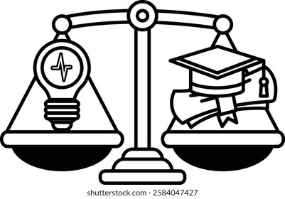 A scale with a light bulb on one side and a graduation cap on the other. The light bulb represents an idea, while the graduation cap represents education