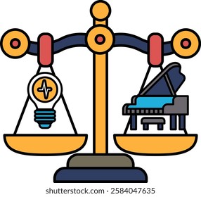 A scale with a light bulb on one side and a piano on the other. The scale is balanced, but the light bulb is positioned on the left side while the piano is on the right side