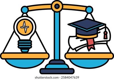 A scale with a light bulb on one side and a graduation cap on the other. The light bulb represents an idea, while the graduation cap represents education