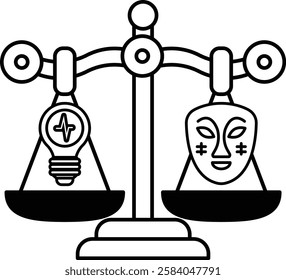 A scale with a light bulb on one side and a face on the other. The light bulb represents an idea, while the face represents a person. The scale is balanced