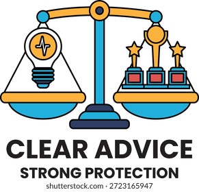 Una escala con una bombilla en un lado y una estrella en el otro. Las palabras "Clear Advice Strong Protection" están por debajo de la escala