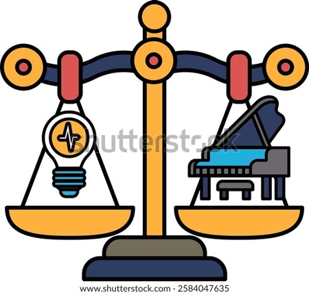 A scale with a light bulb on one side and a piano on the other. The scale is balanced, but the light bulb is positioned on the left side while the piano is on the right side