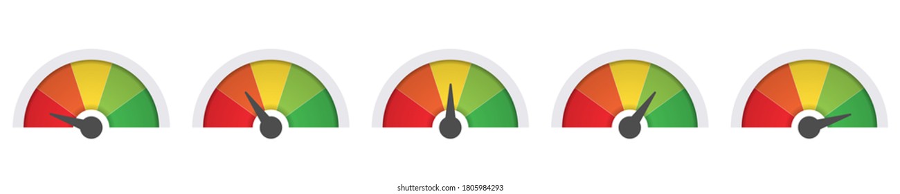 Skala niedrig bis hoch, grün und rot, Vektorgrafik. Risiko, Schmerzen, Rückkopplungsbarometer, Leistungssymbol. Stimmungsbeurteilung. auf weißem Hintergrund