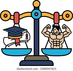 A scale with a man on one side and a man with a degree on the other. The man with the degree is holding a book