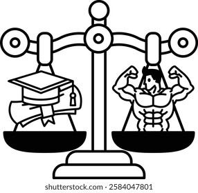 A scale with a man on one side and a book on the other. The man is muscular and the book is a graduation cap