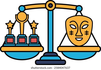 A scale with a mask on one side and three stars on the other. The scale is balanced, but the mask seems to be heavier than the stars