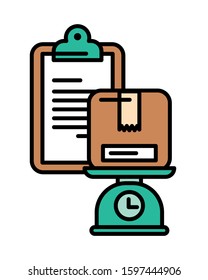 scale measure with box carton packing postal service vector illustration design