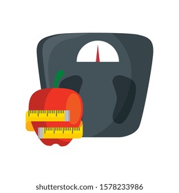 scale measure weight with apple and measuring tape vector illustration design