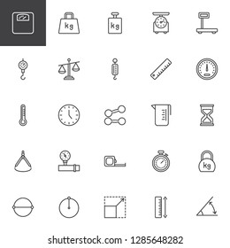 Scale and Measurement line icons set. linear style symbols collection, outline signs pack. vector graphics. Set includes icons as Calibration Weight scale, Measuring Ruler, Speedometer, Stopwatch