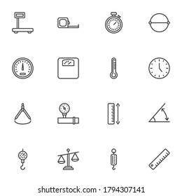 Scale measurement line icons set, outline vector symbol collection, linear style pictogram pack. Signs, logo illustration. Set includes icons as measuring tape, thermometer, pressure gauge, ruler