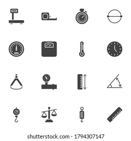 Scale measurement vector icons set, modern solid symbol collection, filled style pictogram pack. Signs, logo illustration. Set includes icons as measuring tape, thermometer, pressure gauge, ruler