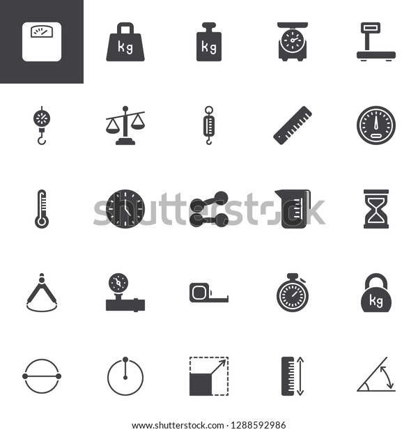 Scale and Measurement vector icons set, modern\
solid symbol collection, filled style pictogram pack. Signs, logo\
illustration. Set includes icons as Weight scale, Measuring Ruler,\
Speedometer, Clock