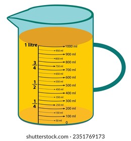 Escala que mide 1000 ml de jugo. con escala de medida. Beaker para experimentos químicos en el laboratorio. Ilustración del vector