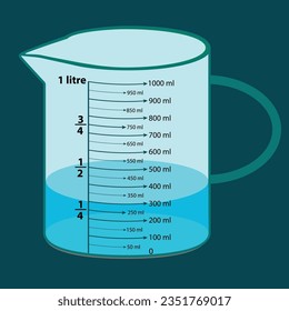 La escala que mide la jarra es de 300 ml. con escala de medida. Beaker para experimentos químicos en el laboratorio. Ilustración del vector