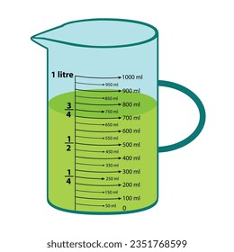 La escala que mide la jarra es de 750 ml. con escala de medida. Beaker para experimentos químicos en el laboratorio. Ilustración del vector