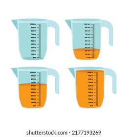 Scale measuring jug. different litre liquid. Beaker for chemical experiments in the laboratory. Vector illustration