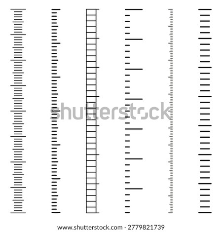 Scale for measuring length or height, set of rulers with different divisions. Vector illustration. Measuring scales with divisions. Marking of the measuring tape, collection is isolated on background