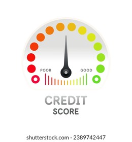 A scale for measuring the level of a credit score. Indicator with a scale of divisions and an arrow. Measurement of the borrower's creditworthiness level. Isolated vector element.