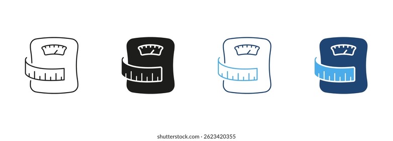 Scale With Measuring Tape, Weight Control And Fitness For Healthy Living Line and Silhouette Icon Set. Weight Management And Health Tracking. Isolated Vector Illustration.