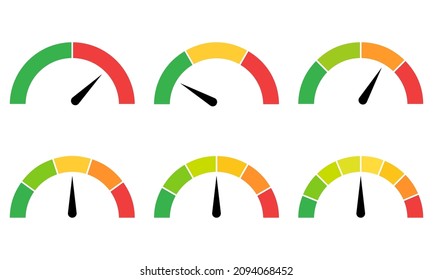 Scale meter gauge, indicator, test, level rating, measurement from low to high, slow to fast, red to green, of emotions, progress. Flat vector icon infographics options with pointer