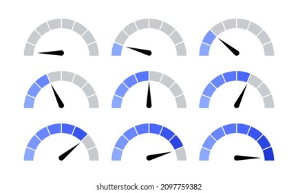 Scale meter gauge, indicator, test, level rating, measurement from low to high, slow to fast, red to green, of emotions, progress. Flat vector icon infographics options with pointer