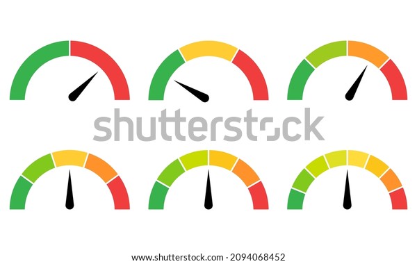 Scale meter\
gauge, indicator, test, level rating, measurement from low to high,\
slow to fast, red to green, of emotions, progress. Flat vector icon\
infographics options with\
pointer