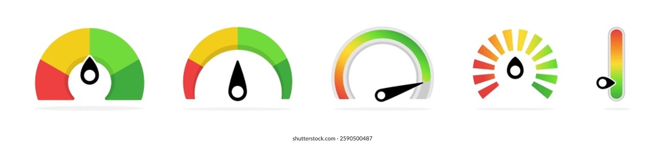 Scale meter vvector illustration. Scales set. Multicolored speedometer scale set. Meter level score measure graphic dial with different colors.